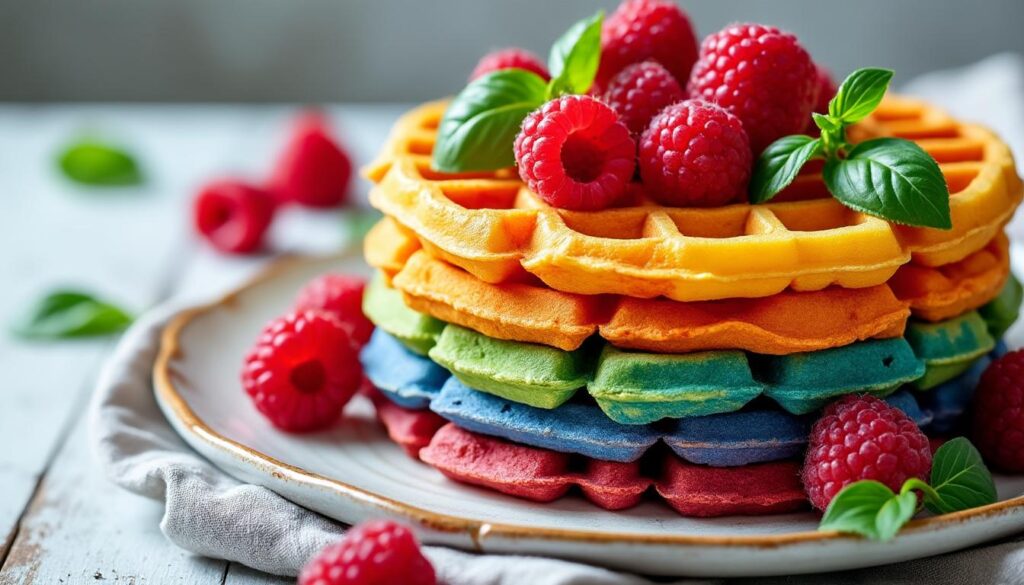 découvrez notre recette facile et rapide de gaufres arc-en-ciel à la framboise et au basilic, pour une explosion de saveurs colorées à chaque bouchée.