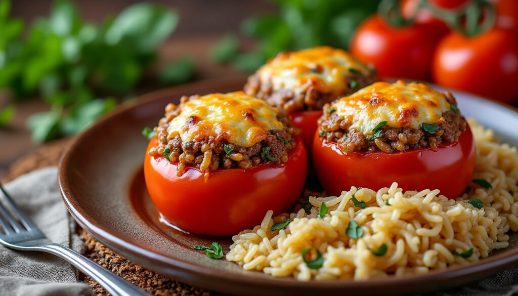 découvrez notre recette facile de tomates farcies au four accompagnées d'un riz savoureux, parfaite pour un repas gourmand et rapide à préparer.