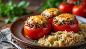 découvrez notre recette facile de tomates farcies au four accompagnées d'un riz savoureux, parfaite pour un repas gourmand et rapide à préparer.