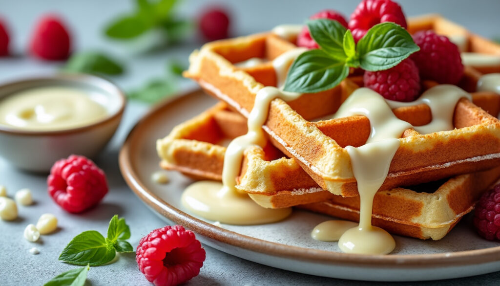 découvrez une recette facile de gaufres au chocolat blanc, aux framboises et au basilic : un dessert gourmand, fruité et délicatement parfumé.
